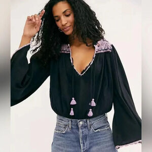 Intimately Free People Lana Embroidered Bodysuit Bell Sleeves Boho Flowy